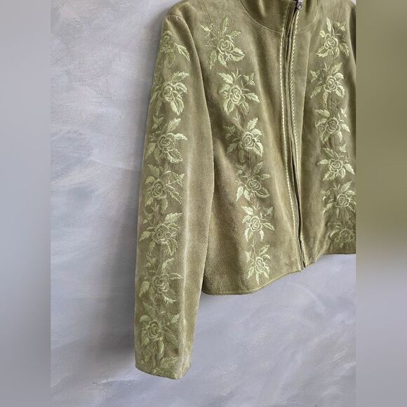 Vintage Floral Embroidered PaleGreen Leather Suede Jacket Sz L Mock Neck - Picture 3 of 13